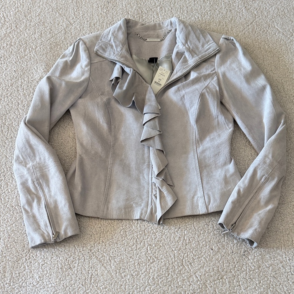 White House Black Market Light Gray Leather Ruffle Blazer Size 4 New